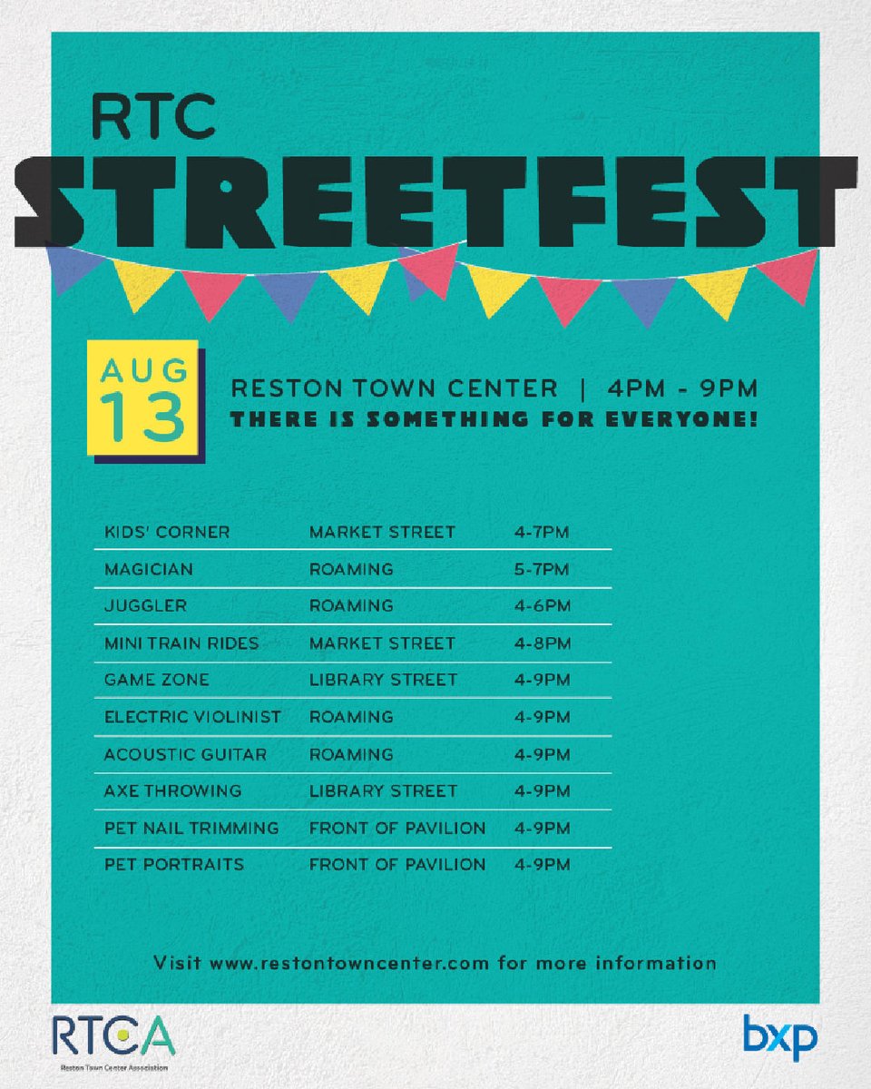 AvantApts's tweet photo. Reston Town Center Street Fest
This Saturday, August 13th, 4:00pm-9:00pm Reston Town Center and Boston Properties presents the RTC Street Fest! Please come out to enjoy the festivities! There is something for everyone! https://t.co/Z3VLKe5WCA
