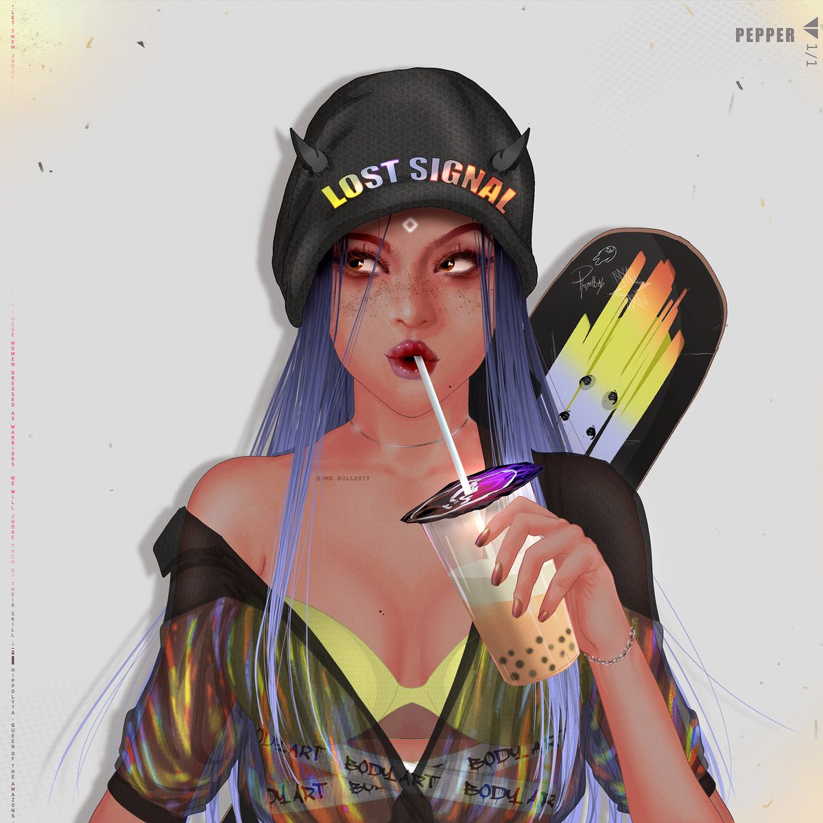 Many mistake Pepper's nonchalance attitudes for disobedience or laziness. The truth is that it takes more than just the right boba to affix her interest unto you. 🛹🌈
foundation.app/@Rosett_eth/he…

#digitalart #ArtistOnTwitter  #NFTCommunity