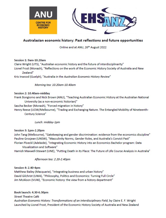 Claire E. F. Wright (@hereorclaire) on Twitter photo A reminder about our symposium on Australasian economic history. A vibrant group chatting about new research, methodologies, teaching, and interdisciplinary connections. Registration (online/in Canberra) is free and open to all!
eventbrite.com.au/e/australasian…
<a href="/anu_ceh/">Centre for Economic History ANU</a> <a href="/EcoHistoryAU/">Asia-Pacific Economic History Review</a> A reminder about our symposium on Australasian economic history. A vibrant group chatting about new research, methodologies, teaching, and interdisciplinary connections. Registration (online/in Canberra) is free and open to all!
eventbrite.com.au/e/australasian…
<a href="/anu_ceh/">Centre for Economic History ANU</a> <a href="/EcoHistoryAU/">Asia-Pacific Economic History Review</a>