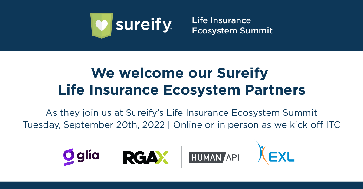 Sureify's tweet photo. We’re excited to share the stage with our ecosystem partners @GliaInc, @RGAXGlobal, #HumanAPI and @exl_service at Sureify’s Life Insurance Ecosystem Summit.

Register now to attend in Vegas or virtually https://t.co/lzPH812pXI 

#insurtech #lifeinsurance #ITC #sureify https://t.co/qPxCMdY5Op