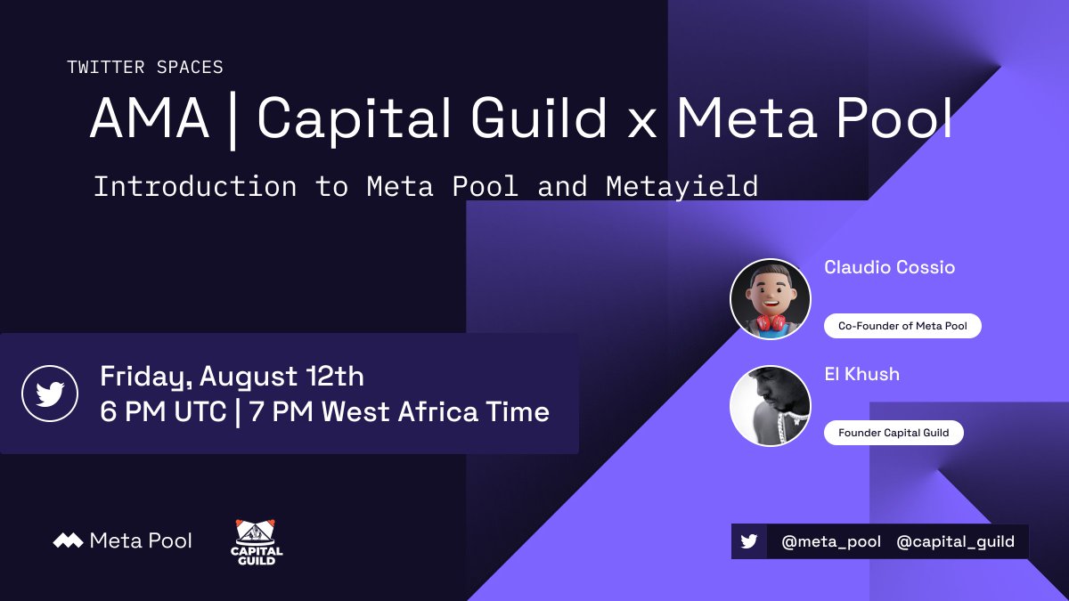meta_pool's tweet photo. 🎙️Set your reminders!

➡️ We are delighted to announce an AMA with @capital_guild this Friday the 12th! 

📅 6 PM UTC | 7 PM West Africa Time
🏆 $100 Up for Grabs!
✅ RT, Like &amp; drop your questions below!
❔ https://t.co/PWIEbY7lvS

Don’t miss out!👇
▶️ https://t.co/RrfNrrqahP https://t.co/fwhMsgzoI6
