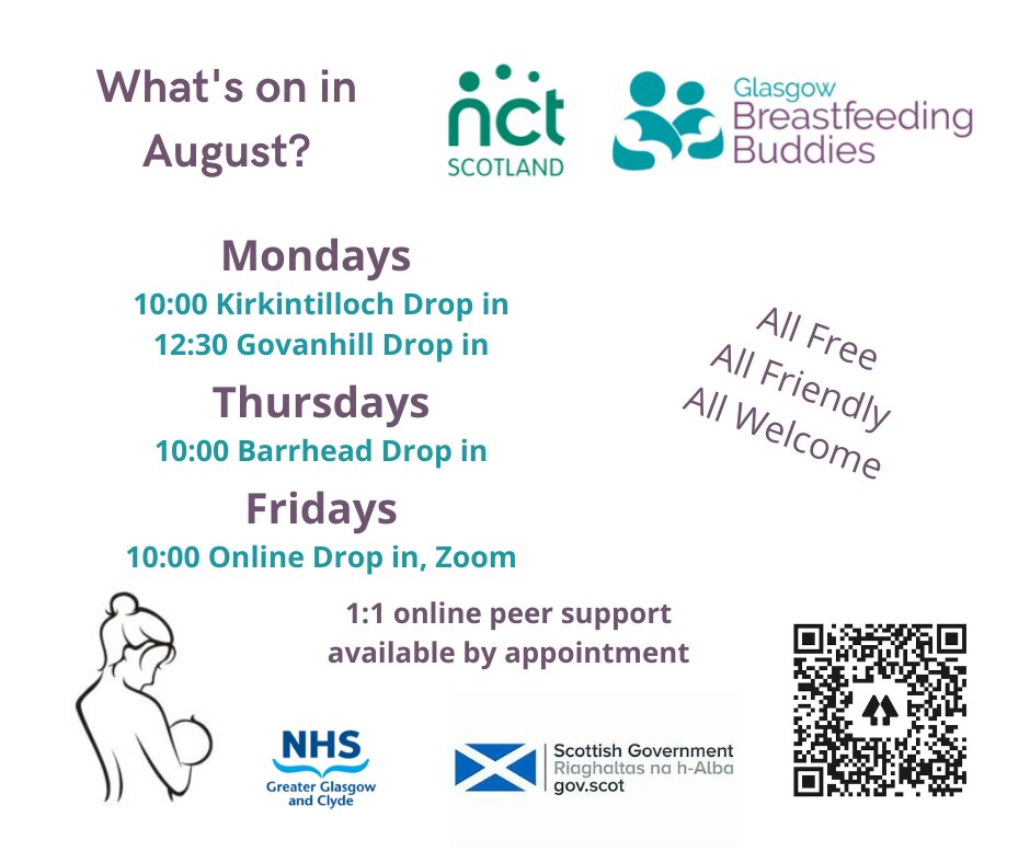 Breastfeeding Peer Support available in August. If you'd like to know more about any of our groups or what Breastfeeding Peer Support involves please message us here or email glasgowbreastfeedingbuddies@nct.org.uk #glasgow #breastfeeding #nhsggc #peersupport #August