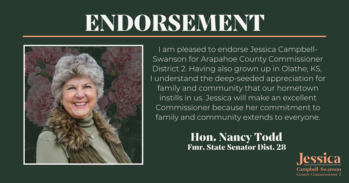 While discussing my background &amp; decision to run with Fmr. State Sen. Nancy Todd, BOTH of our eyes lit up as we realized we're both from Olathe, KS! She &amp; her husband, Terry, have given so much to make Arapahoe Cty a great place to live &amp; I’m honored to have their support!