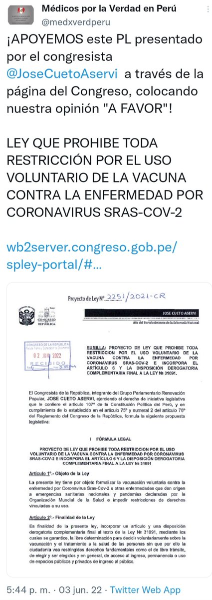 Leoncio75646465's tweet photo. @JoseCuetoAservi @Minsa_Peru Hola Sr. @JoseCuetoAservi por favor continúe con su PL https://t.co/fYxRgdR6oX LEY QUE PROHÍBE TODA RESTRICCIÓN POR EL USO VOLUNTARIO DE LA VACUNA. 
CC: @Alm_Montoya @JZeballosAponte @MiguelCicciaV @javierpadilla @EsdrasRicardoMe @rlopezaliaga1 https://t.co/pcCbuNou24