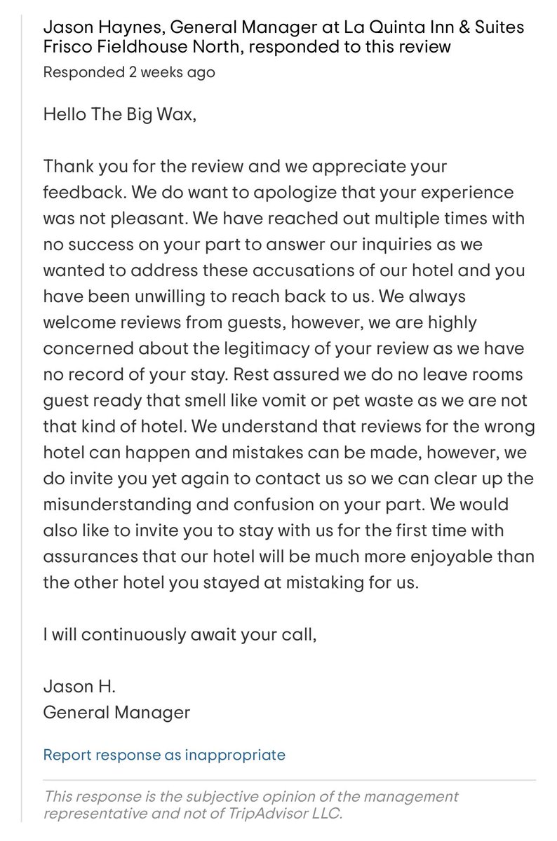 thebigwax's tweet photo. @LQ Is it standard practice to only reach out to guests when they leave a bad review, admit that your hotel isn’t up to standards, and then accuse the guest of making a fake review the next day? https://t.co/czeszrODGc