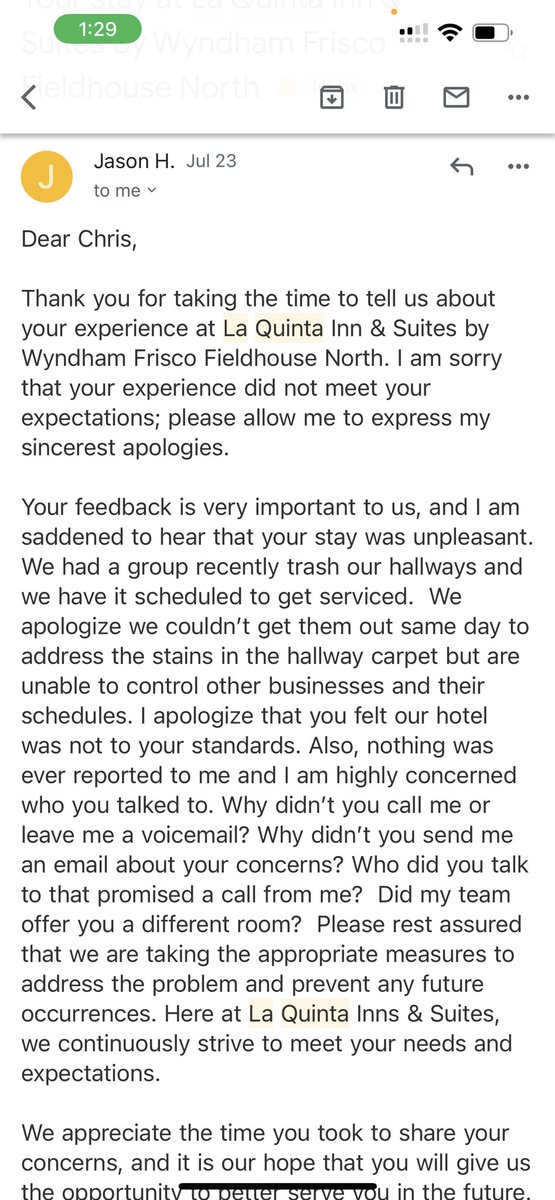 thebigwax's tweet photo. @LQ Is it standard practice to only reach out to guests when they leave a bad review, admit that your hotel isn’t up to standards, and then accuse the guest of making a fake review the next day? https://t.co/czeszrODGc