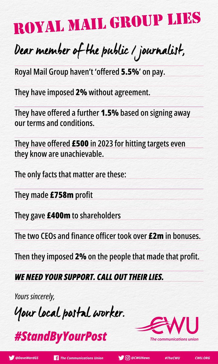 Help us counter the Royal Mail Group lies. Post this graphic every single time you see a journalist or manager commenting on their position. #StandByYourPost