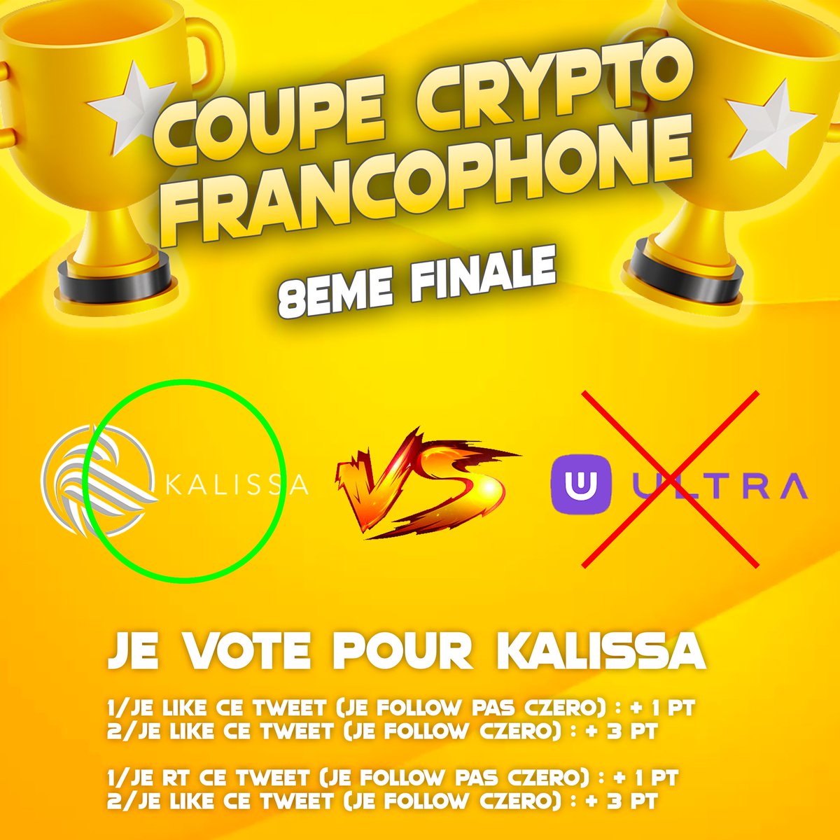 🏆 Vote pour <a href="/KalissaParis/">Kalissa</a> (VS <a href="/ultra_io/">Ultra</a> autre tweet)
1/ Je like (je follow pas Czero) : +1 pt - (je follow) : +3 pts
2/ Je RT (je follow pas Czero) : +1 pt - (je follow) : +3 pts
 
Faites gagner votre projet préféré !!!