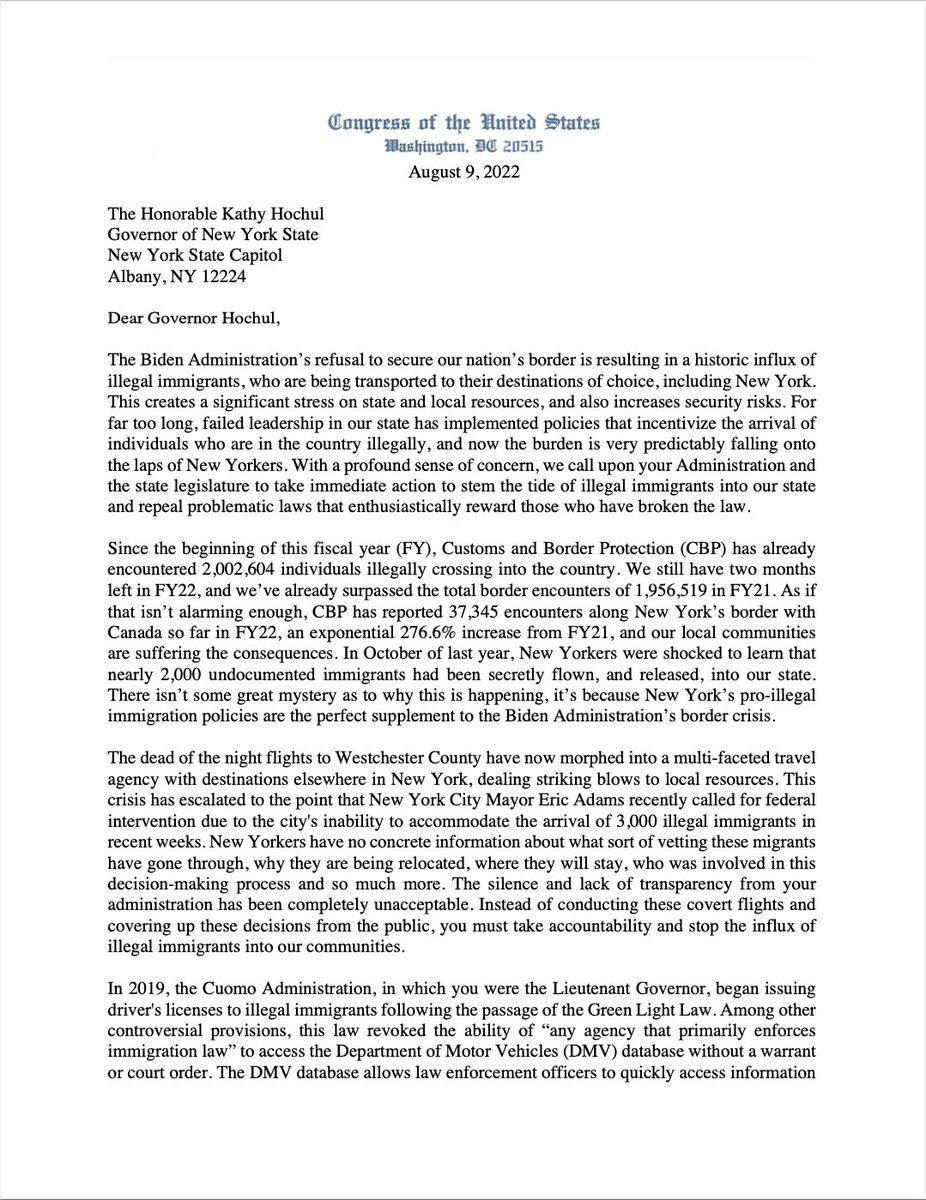 LeeMZeldin's tweet image. Kathy Hochul needs to roll back NY's Green Light law and all policies that incentivize illegal entry! I was joined by my NY GOP House colleagues in calling on Gov Hochul to push back on the terrible policies allowing NY to be flooded by huge numbers of illegal immigrants. READ ⬇️
