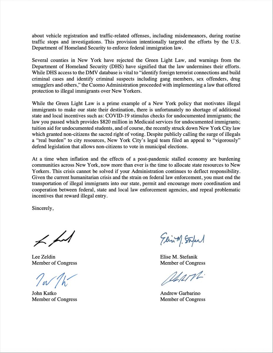LeeMZeldin's tweet image. Kathy Hochul needs to roll back NY's Green Light law and all policies that incentivize illegal entry! I was joined by my NY GOP House colleagues in calling on Gov Hochul to push back on the terrible policies allowing NY to be flooded by huge numbers of illegal immigrants. READ ⬇️
