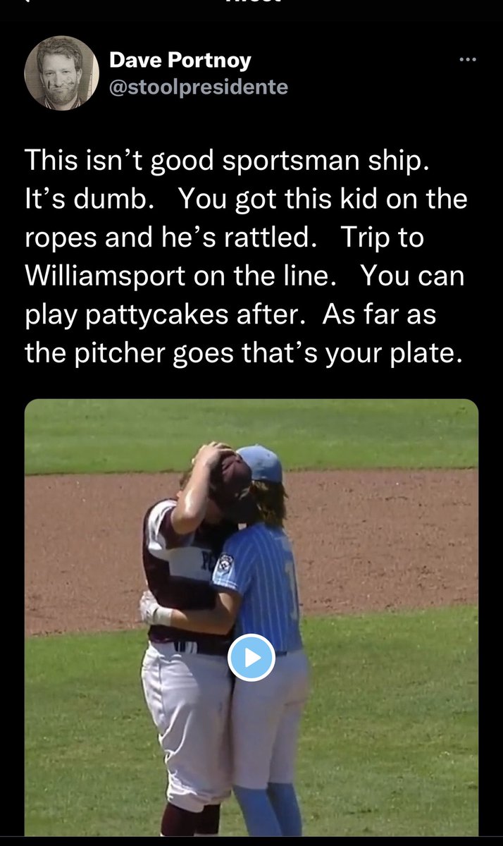 KeithOlbermann's tweet photo. The LLWS pitcher who hits a batter in the head is so shaken, the batter comes over to reassure him.

This putz @stoolpresidente who gave us a home for idiocy called @barstoolsports must trash this. The pain in his childhood and life must be so great, I almost feel sorry for him. https://t.co/quzNpPcp77