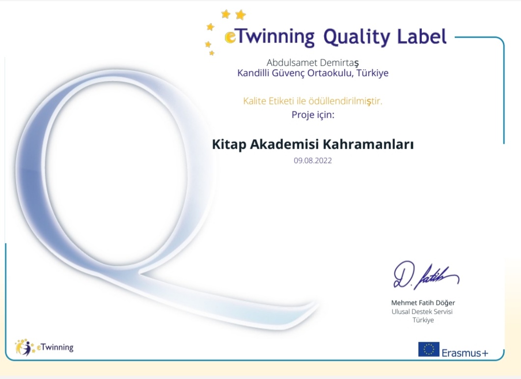 #eTwinning 
✅"Kitap Akademisi Kahramanları"  Adlı etwinning Projemiz  Ulusal Kalite Ödülü Almaya Hak Kazanmıştır🏅
✅Bu Kapsamda Emeği Geçen herkese Çok Teşekkür Ederim.
<a href="/karaloglu_murat/">Murat KARALOĞLU</a> 
<a href="/AskaleKaymkmlg/">Aşkale Kaymakamlığı</a> 
<a href="/skaygusuz/">Salih Kaygusuz</a> 
<a href="/Erzurum_Mem/">Erzurum İl Millî Eğitim Müdürlüğü</a> 
<a href="/hakancinarmem/">Hakan ÇINAR</a> 
<a href="/kandilliguvenc/">Kandilli Güvenç İlk/Ortaokulu</a> 
<a href="/tretwinning/">eTwinning Türkiye</a>