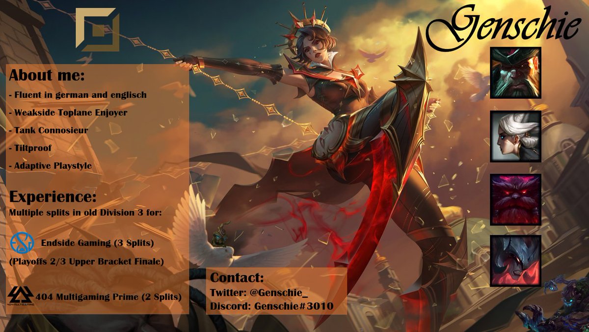 LFT as Toplaner!
After a break for 2 Splits I am looking for a team again. Preferably Div 4+ but I will consider all options.
Thanks to <a href="/TelAmara_/">TelAmara</a> for the help with the graphic.
