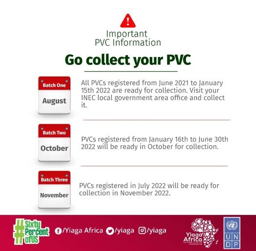 FWCAbuja's tweet photo. GO COLLECT YOUR PERMANENT VOTERS  CARD.

Here is time table for  the collection of your PVC based on the period you registered.

Your Vote is your power.

#FWCAbuja  #pvcdrive PVCs https://t.co/ioQnTKTVDx https://t.co/QKCV5YbrZW