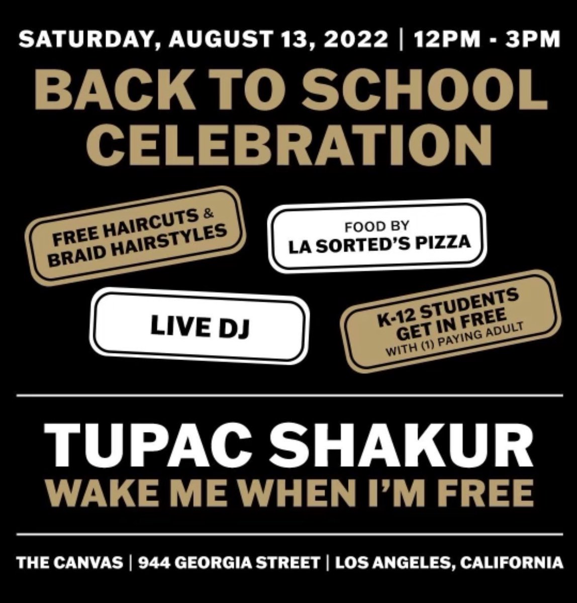 Celebrate Back to School! Fresh cuts and hair braiding, a live DJ, and food will be provided. You don’t wanna miss it! 

Kids get in free with one adult ticket purchase. Hit the link in our bio to get ticks! 

#backtoschool #tupacshakur #wakemewhenimfree