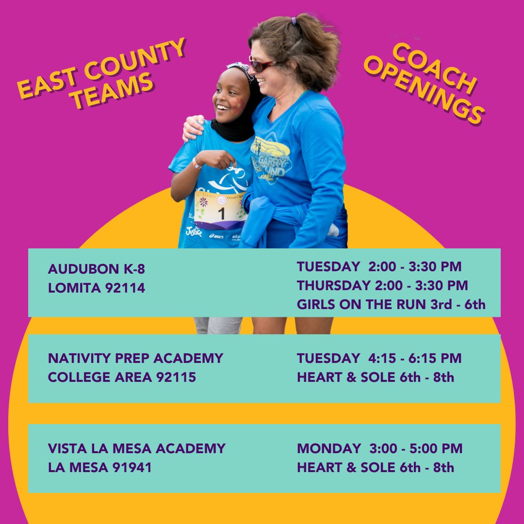 Hey! We have East County teams seeking coaches for fall. We equip you with the curriculum, supplies and training. You empower girls to build confidence through physical activity and life changing social skills. Visy our site to apply and find more 
#sandiegorunning #teacher #sel