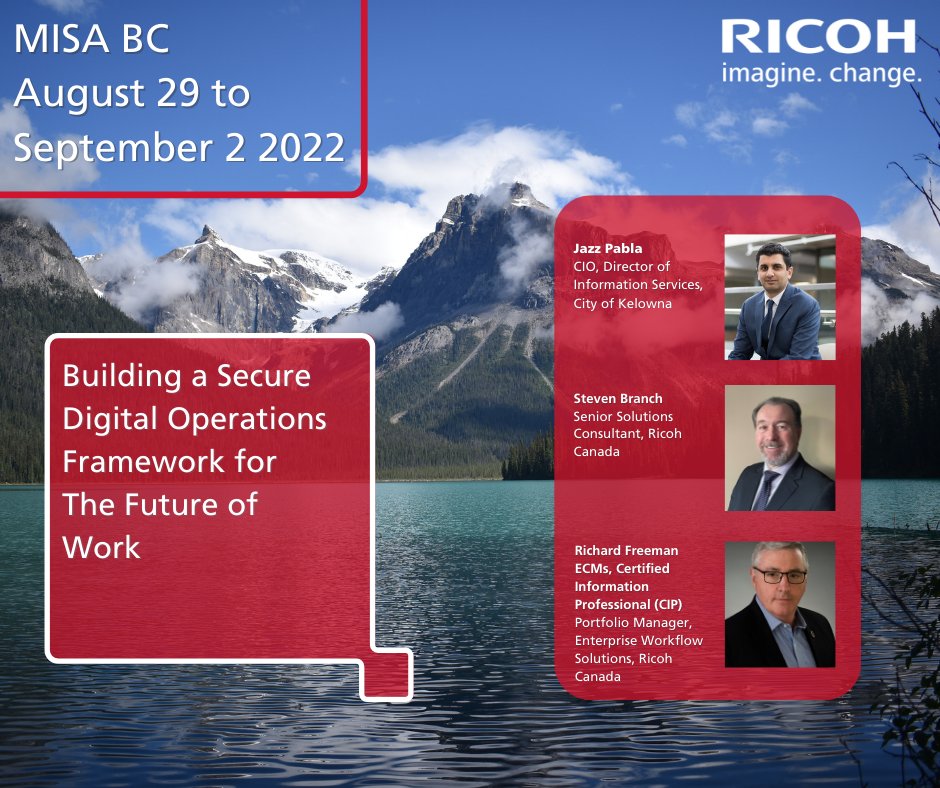 ricohcanada's tweet photo. Hey BC! Ricoh is a proud gold sponsor of the @misabc 2022 Fall Conference! Will we see you there Aug 29-Sept 2? Join us with the City of Kelowna for a special panel discussion! Register today! https://t.co/cY3arzlJOp #ChangeForBetter #RedefineWork #MISA #MISABC #CityofKelowna https://t.co/EImRvC2pxk