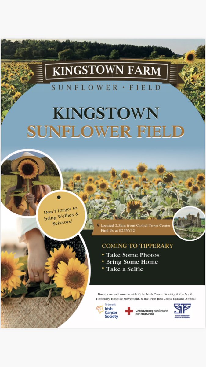 📣🌻Opening announcement 🌻📣 Our charity sunflower field will be open this coming Saturday for the next few weeks in support of three worthy causes!  Bring a clippers ✂️ and suitable 🥾!Any shares and retweet’s much appreciated! 👍👍<a href="/IrishCancerSoc/">Irish Cancer Society</a> <a href="/irishredcross/">Irish Red Cross</a> <a href="/SouthTippHosp/">South Tipp Hospice</a>