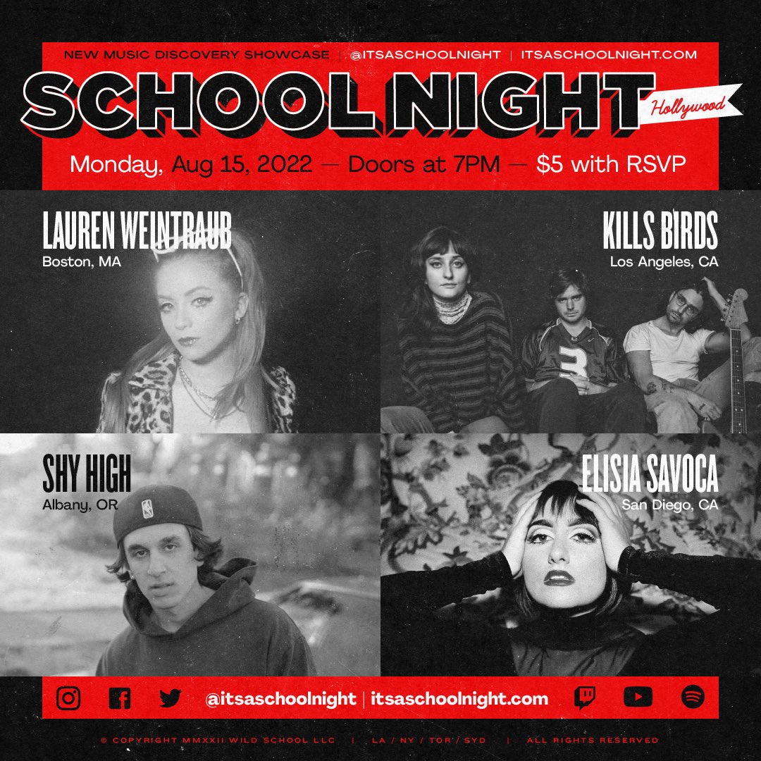 School Night (@itsaschoolnight) on Twitter photo Sheeesh you don’t want to miss this one LA! 🔥
Join us next Monday August 15 at <a href="/Bardot_Hllywd/">Bardot</a> to catch live sets by @lwmusicofficial, <a href="/killsbirdsmusic/">Kills Birds</a>, Shy High, & <a href="/ElisiaSavoca/">Elisia Savoca</a>.
Get tickets here: link.dice.fm/V03c8e0667ed Sheeesh you don’t want to miss this one LA! 🔥
Join us next Monday August 15 at <a href="/Bardot_Hllywd/">Bardot</a> to catch live sets by @lwmusicofficial, <a href="/killsbirdsmusic/">Kills Birds</a>, Shy High, & <a href="/ElisiaSavoca/">Elisia Savoca</a>.
Get tickets here: link.dice.fm/V03c8e0667ed