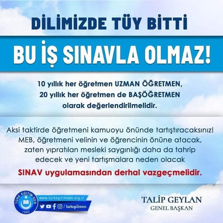 #ogretmenlertekyürek
Meslekte 10 yılını doldurana UZMAN ÖĞRETMENLİK,20 yılını doldurana ve şu an uzman olan öğretmenlere BAŞÖĞRETMENLİK tanımlansın <a href="/tcmeb/">Millî Eğitim Bakanlığı</a> <a href="/TalipGeylan06/">Talip Geylan</a>