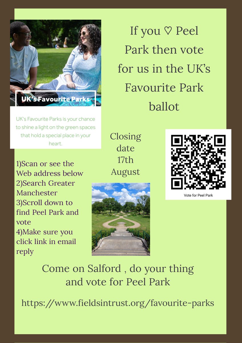 FriendsPeel's tweet image. Have you cast a vote for Peel Park yet ?   Salford , do your thing and help get us votes galore .

fieldsintrust.org/favourite-parks