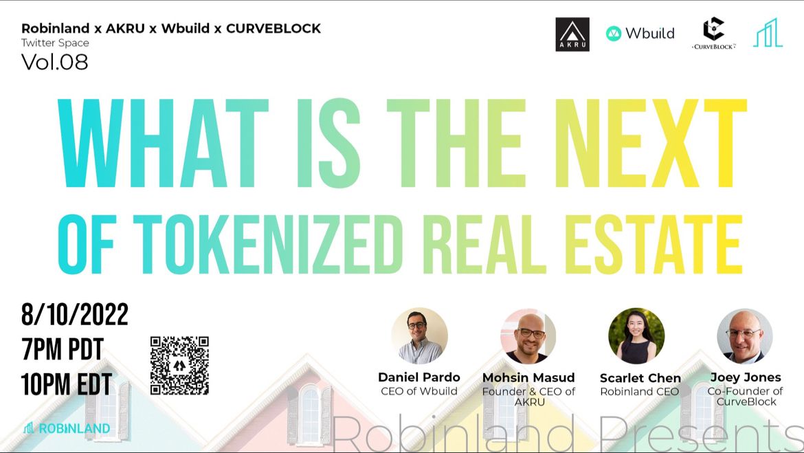 wbuild_io's tweet photo. Twitter Space event TOMORROW 8/10 at 10pm EDT 🚨 

What is next for tokenized real estate?

Meet the speakers:
@DaniPardoLof - https://t.co/gtVaLin4IE 
@MianMasud  - @akru_co 
@ScarletSijia  - @Robinlandio
 Joey Jones - @rockindoublej @curveblockio https://t.co/dmZ3PSiNa6