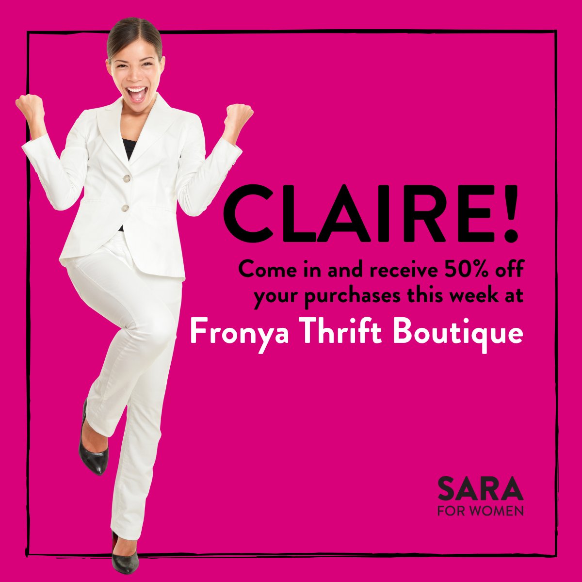 SARAforWomen's tweet photo. 🎉#Claire! Save 50% on your purchases this week at #FronyaThriftBoutique in @MissionDowntown.
#Fronya is a SARA #SocialEnterprise in #MissionBC. Your purchases/donations help us provide services/programs for at-risk women + children.
#ShopLocal #WorkClothes #BackToSchoolClothes https://t.co/8mqfuP26V8
