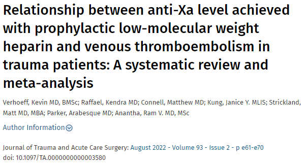 AccpPeriopPRN's tweet photo. Our article today is: Relationship between anti-Xa level achieved with prophylactic low-molecular weight heparin and venous thromboembolism in trauma patients: A systematic review and meta-analysis. #PeriPRNJC https://t.co/Ab0Wd4P0Af