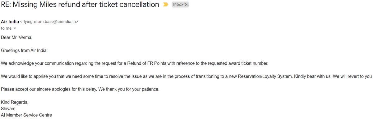 GVAdityaVarma's tweet photo. @airindiain Support is pathetic. No response for a ticket refund for 5 months. The team claims they need time. 
Is it time to migrate from Flying Returns Club?? https://t.co/so7FTadFLM