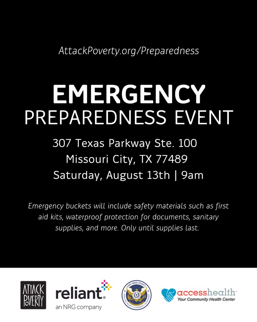 AttackPoverty's tweet photo. Our 2nd emergency preparedness event is happening THIS Saturday! We are joining @AccessHealth_TX at their Back-To-School Health Fair this weekend. 🏫 ✏️ Share with friends + family that you know would benefit from this event. #fortbendcounty #reliant #nrg https://t.co/C1duFnKj10