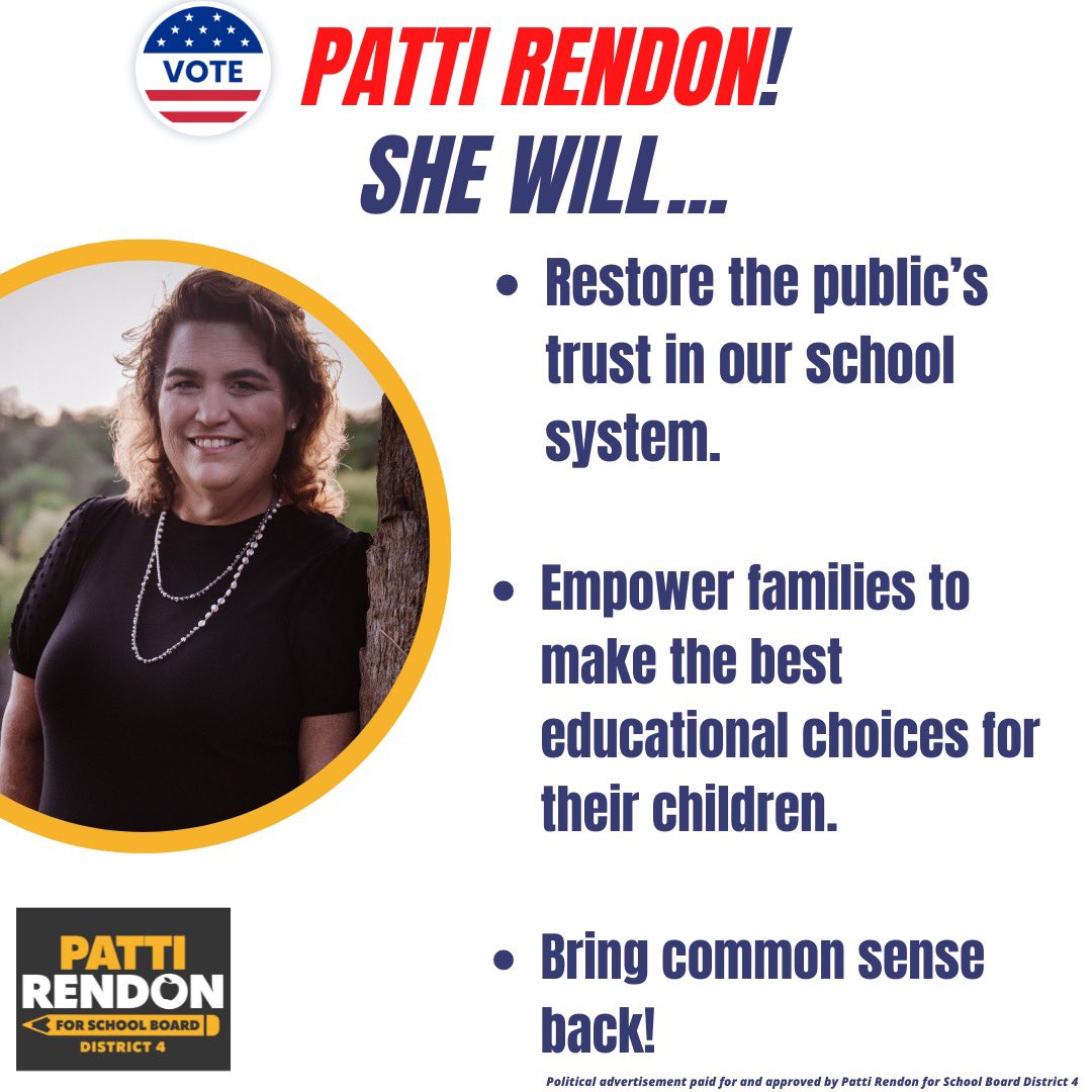 VotePattiRendon's tweet photo. Have you voted early yet? When casting your ballot, remember to vote for Patti Rendon for School Board, District 4! 🎓 Early voting ends on August 21! 🗳#votepattirendon #pattirendonforschoolboard https://t.co/wGd9hVTrCa