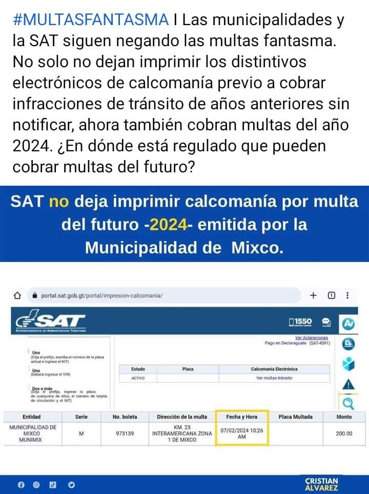 IngOmarRodas's tweet photo. ‼️MULTAS POR ADELANTADO‼️
Los GTs estamos sometidos a la prepotencia e ineptitud de un Estado disfuncional, en todos sus niveles
Multas por faltas inexistentes y no tener la posibilidad de defenderse ante autoridades que no escuchan razones…lamentable https://t.co/rzewKRpcGC