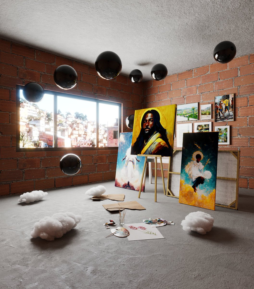 xed_alvesx's tweet photo. This is the final result of the collab with @vvldxz: Atelier dos Sonhos.

We merge 3D and Ai Art in a work in which we approach our dreams and struggles as artists

dropping tomorrow on @objktcom at 3PM(GMT-3), it will be a 1/1 (50tez min offer)

#tezosnft https://t.co/7riesr2NAI