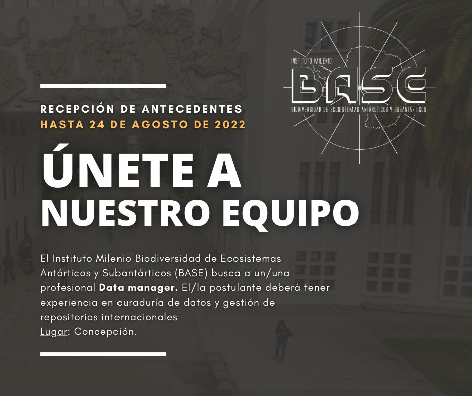 ¡Únete a nuestro equipo!📢| El Instituto Milenio BASE busca a un/una profesional Data manager
👉Recepción de antecedentes hasta el 24 de agosto
Más información aquí bit.ly/3JG8QhQ