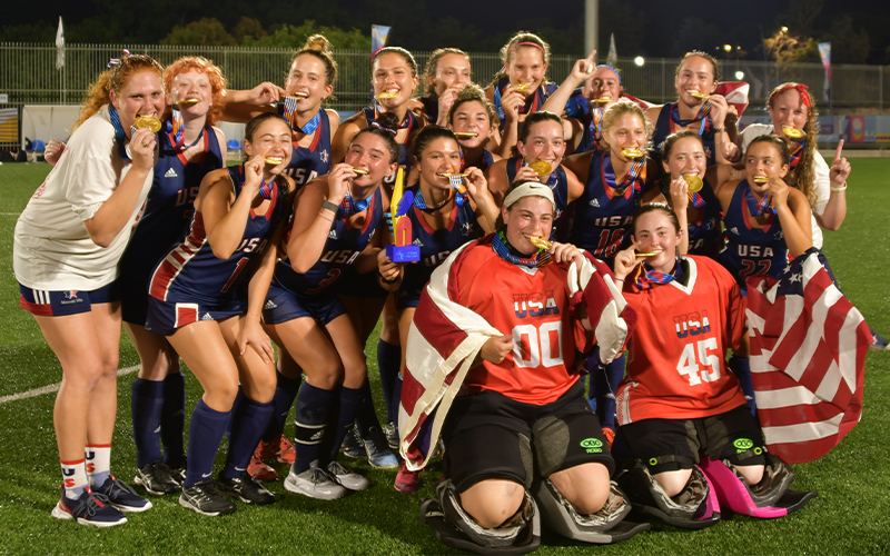 USAFieldHockey's tweet photo. USA defeated Argentina in a sudden victory shootout to bring home gold at the 21st @Maccabiah2022 Games that took place July 12 to 26 in Jerusalem, Israel. This marked the first time that USA has taken the top position in the sport of field hockey. 🇺🇸

https://t.co/bI7lrAmVW2 https://t.co/WJmvTRnZRq