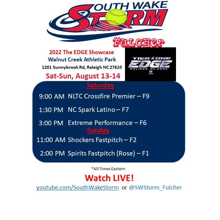 SWStorm Fulcher is playing at Walnut Creek Park this weekend. Watch us in person or Watch LIVE on at youtube.com/SouthWakeStorm or <a href="/SWStorm_Fulcher/">South Wake Storm Fulcher</a> <a href="/CoachWhiteSB/">Coach White</a> <a href="/JuniorBailey/">Junior Bailey</a> <a href="/waldrop_taylor/">Taylor</a> <a href="/CoachLee_LC/">Coach Eric Lee</a> <a href="/CoachWatsonMC/">Sarah Watson</a> <a href="/Coach_M_Booth/">Meredith Booth</a> @KellaGoins <a href="/CoachWThees/">Windy Thees</a> @haleighbel32