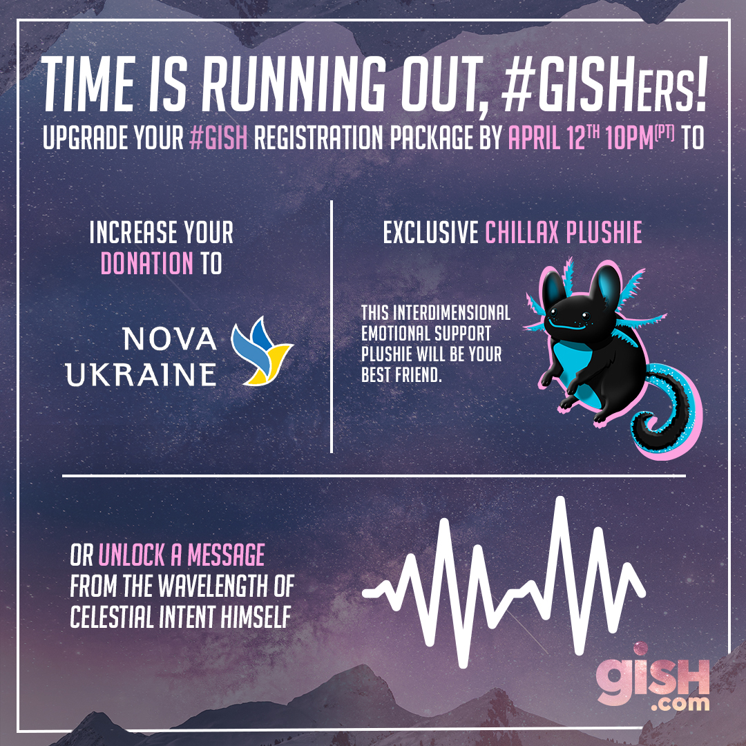 GISH's tweet image. 🌀Last Chance!✨ Upgrade your #GISH by Friday, Aug 12th to get a universe of treasures &amp;amp; collectibles... Including a @GISHChillax Emotional Support Plushie, mentor class, divine soundwave from @mishacollins, mystery items (announced this week) &amp;amp; more! bit.ly/UpgradeGISH