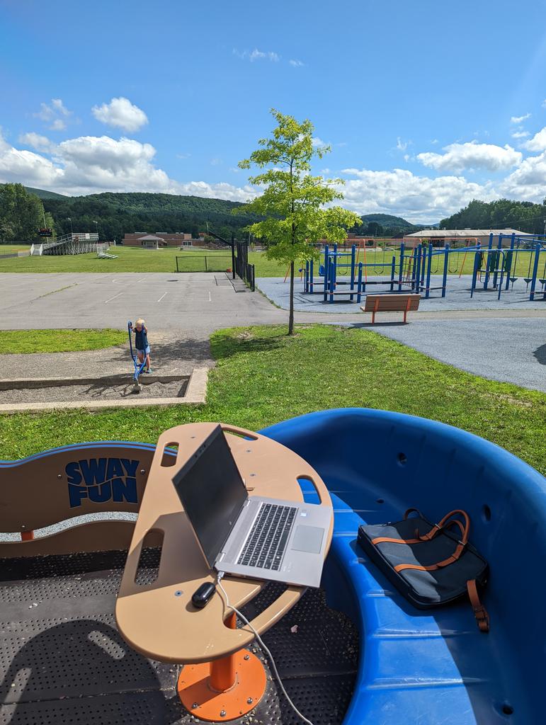jrutter3's tweet photo. Today's remote work / child care setup.  

View: 8/10
Efficiency: 1/10
Daycare Effectiveness: 0/10 https://t.co/BrwYDwzSF0
