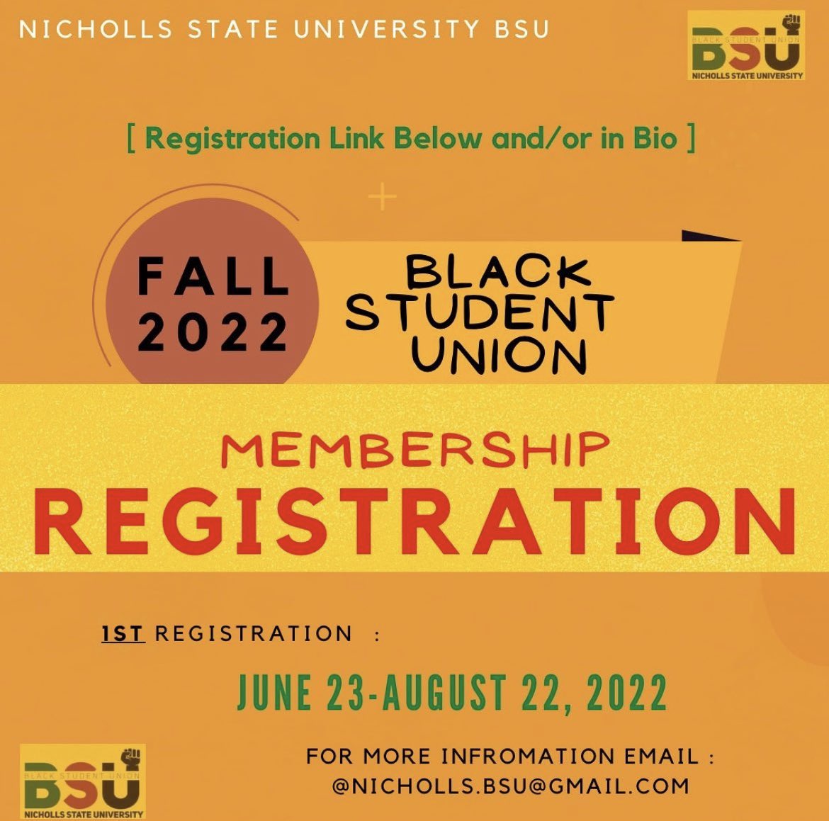 NichollsBSU's tweet photo. Join the Family! Fall 2022 Registration Link Still Open:  https://t.co/UYDvc0vHn0 https://t.co/7C2PMdDpLq