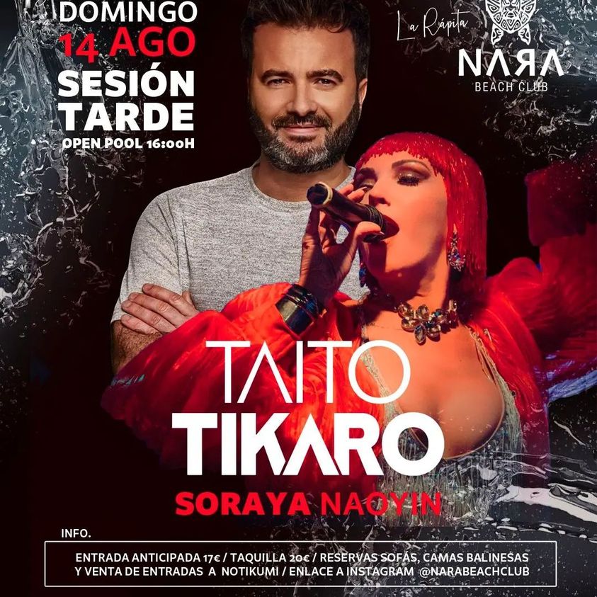 Vamos próximo Domingo nos vemos In session &amp; Live Soraya Naoyin con nuestro amigos de Nara Beach Club!!!!
🌞🏊🎚️🍹🎛️🙌❤️
SUMMER POOL PARTY🔝@narabeachclub
TAITO TIKARO &amp; SORAYA NAOYIN 🔥💦🔥💦🔥
@taitotikaro_ <a href="/sorayanaoyin/">Soraya Naoyin</a> 
DOMINGO 14 AGO