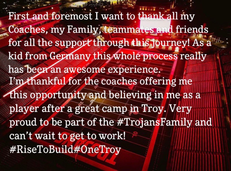 Fabian Rogosch (@frogosch) on Twitter photo I am officially and 1000% committed to <a href="/TroyTrojansFB/">Troy Trojans Football 8xโ๏ธ</a> โ๏ธ๐ <a href="/CoachJonSumrall/">Jon Sumrall</a> <a href="/ShielWood/">Shiel Wood</a> <a href="/CoachE98/">Eric McDaniel</a> <a href="/Coach_DMACK/">David Mackie</a> <a href="/GridironImports/">Gridiron Imports Foundation</a> <a href="/GIfootballChris/">Chris Adamson</a> <a href="/PeterDaletzki/">Peter Daletzki HC/OC Team Germany</a> <a href="/ImmoOsterkamp/">Immo Osterkamp</a> I am officially and 1000% committed to <a href="/TroyTrojansFB/">Troy Trojans Football 8xโ๏ธ</a> โ๏ธ๐ <a href="/CoachJonSumrall/">Jon Sumrall</a> <a href="/ShielWood/">Shiel Wood</a> <a href="/CoachE98/">Eric McDaniel</a> <a href="/Coach_DMACK/">David Mackie</a> <a href="/GridironImports/">Gridiron Imports Foundation</a> <a href="/GIfootballChris/">Chris Adamson</a> <a href="/PeterDaletzki/">Peter Daletzki HC/OC Team Germany</a> <a href="/ImmoOsterkamp/">Immo Osterkamp</a>