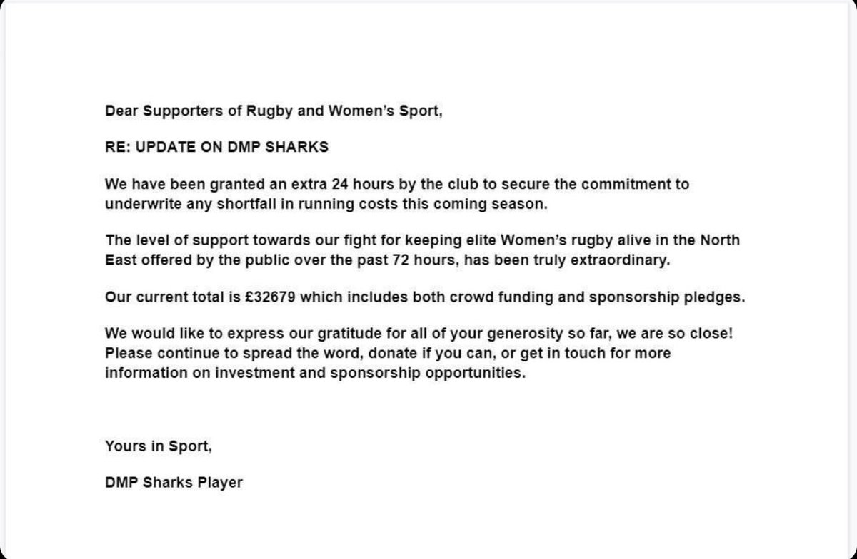 Stella Mills l SPORT (@stellamills__) on Twitter photo An update from <a href="/DMP_Sharks/">DMP Sharks</a> ⬇️
The players now have 24 hours to secure the remaining amount of funding required to keep them in the AP15’s ⏳
Currently the total raised sits at £32,679, they need 50k 💰
Link: crowdfunder.co.uk/p/keep-elite-w… An update from <a href="/DMP_Sharks/">DMP Sharks</a> ⬇️
The players now have 24 hours to secure the remaining amount of funding required to keep them in the AP15’s ⏳
Currently the total raised sits at £32,679, they need 50k 💰
Link: crowdfunder.co.uk/p/keep-elite-w…