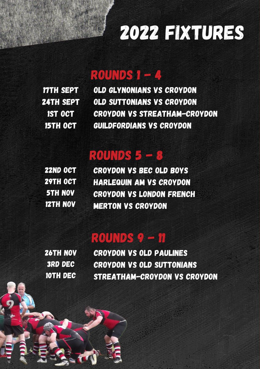 Check out our 2022 fixture list below - let the games begin! 🔴⚫️ #croydon #rugby #crfc