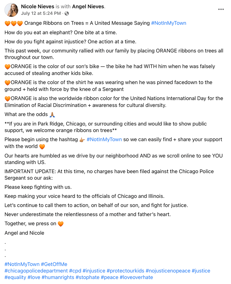 DefundPRPolice's tweet photo. A #NotInMyTown orange ribbon campaign is happening with orange ribbons on trees all throughout Park Ridge. 

🧡🧡🧡🧡🧡🧡🧡🧡🧡🧡🧡🧡🧡🧡🧡🧡🧡🧡 https://t.co/lhI75GD2Df