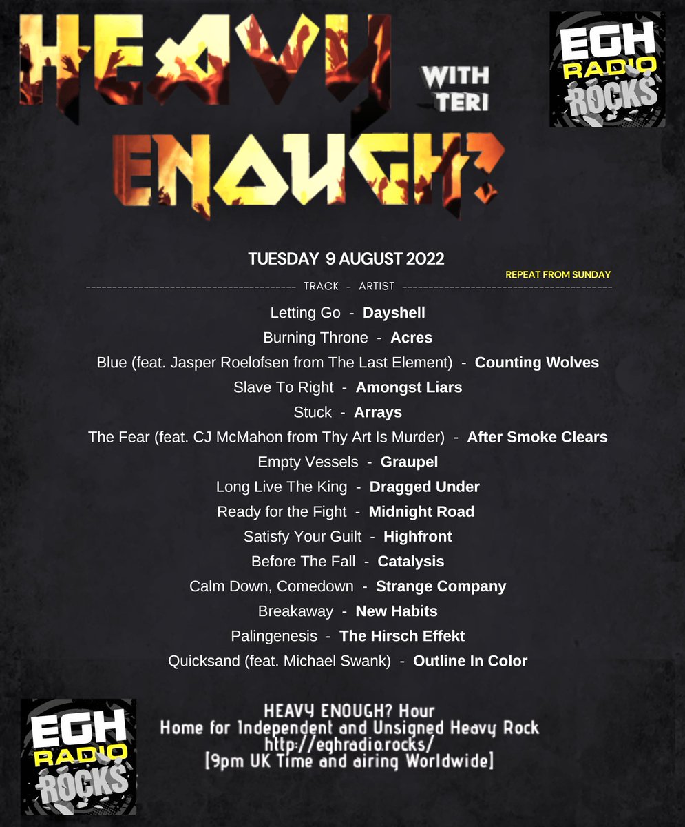 MusicMattersTee's tweet photo. #TuneIn @EGHRocks now!
#ListenHere ⇒https://t.co/aQGYmXtSH9
#NowPlaying #HeavyEnough?Hour
#Dayshell - Letting Go
@acresuk - Burning Throne
@COUNTING_WOLVES - Blue
@amongstliars - Slave To Right
@ArraysBand - Stuck
@WeAreASC - The Fear
@GraupelJapan - Empty Vessels
#NewMusic https://t.co/1CSuPUk04L