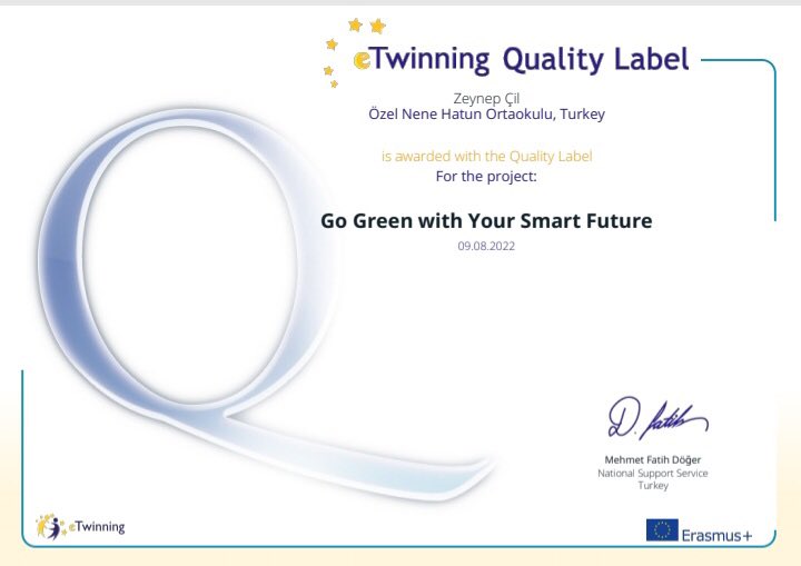 NeneOkullar's tweet photo. Go Green with Your Smart.  Future adlı proje ile Ulusal Kalite Etiketi almayı hak kazanan Sosyal Bilgiler öğretmenimiz ZEYNEP ÇİL  ve öğrencilerimizi tebrik ediyoruz. 
#etwinning https://t.co/efGuAKJXwd