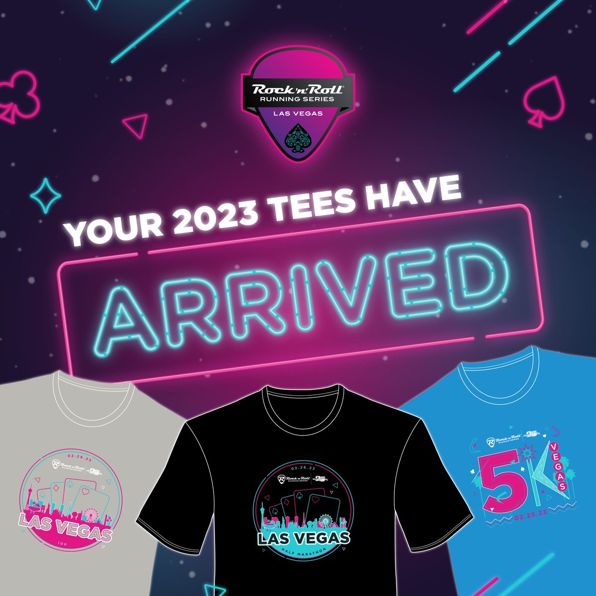 From the city of bright lights, the hottest entertainment, and the most iconic street in the world, we present to you – the 2023 Rock ‘n’ Roll Running Series Las Vegas participant tees!

Now you won't show up empty handed to the World's Largest Running Party! 🥳