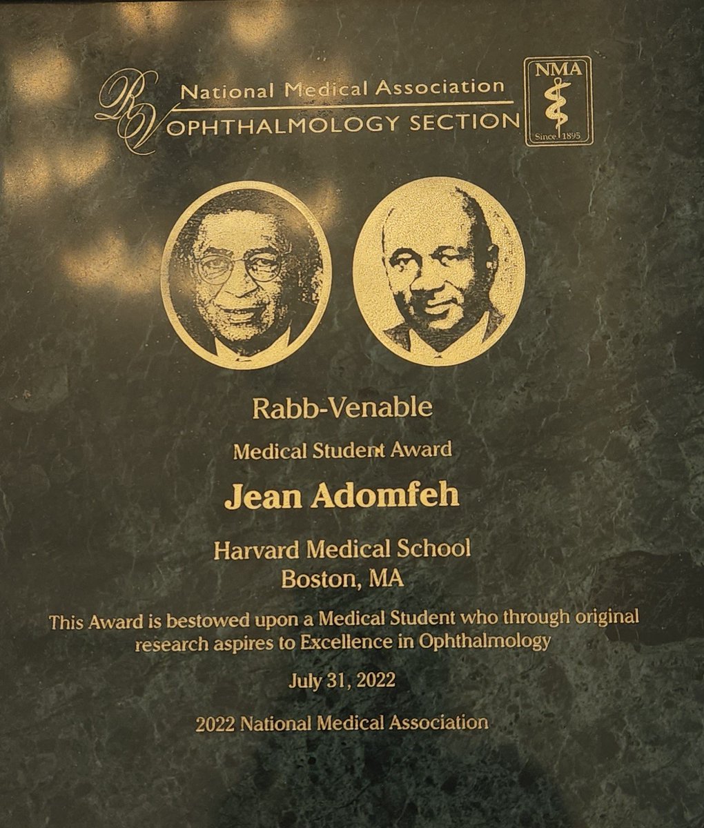 DrJeanAdomfeh's tweet photo. Thank you for the Medical Student Award, Rabb-Venable Excellence in Ophthalmology Research Program @rabbven! It was a such a pleasure presenting my paper, and it is truly an honor to receive this award. https://t.co/4iXU6FmmrG