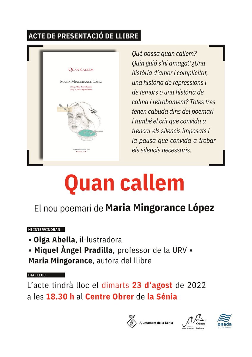 mariamingo239's tweet photo. Molt contenta d'anunciar la presentació del meu primer poemari, Quan callem. Com no, serà al meu poble i per festes majors. Gràcies a Onada Edicions per la confiança i a la resta de persones que heu ajudat a donar-li forma! https://t.co/hkX0s7MZAu