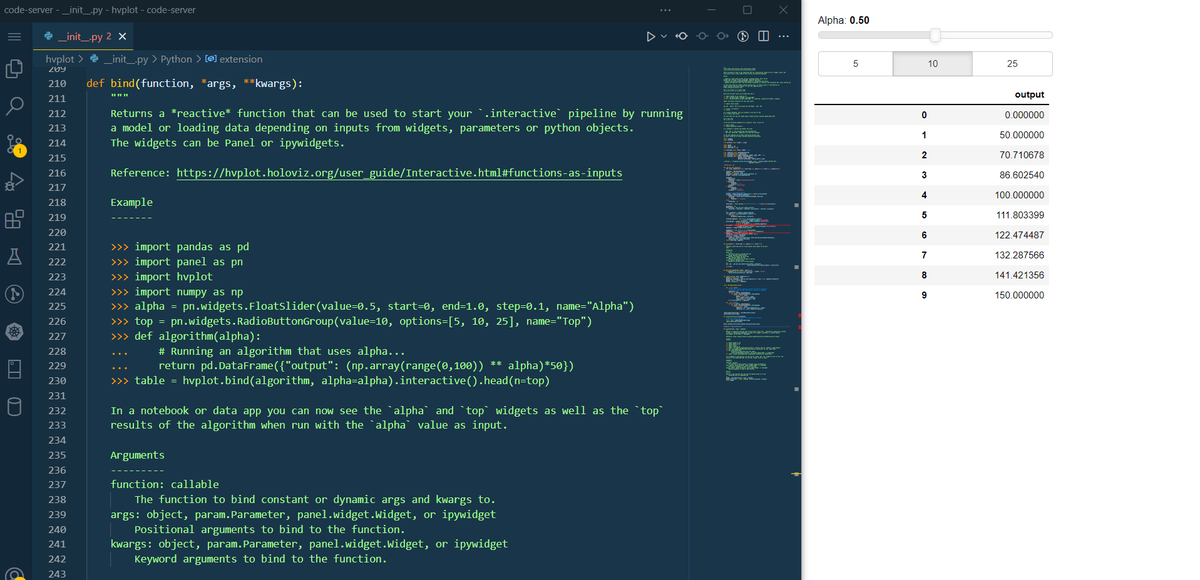MarcSkovMadsen's tweet photo. Small steps. Docstring PR for hvPlot by @HoloViz_org  in progress. Like solving small puzzles or a sudoku. 

Here its `hvplot.bind` which is can start your interactive @pandas_dev, @dask_dev, #CuDF or @xarray_dev pipeline.

https://t.co/w3cPWeOBHY

#python #dataviz #datascience https://t.co/p1b4UlphVs
